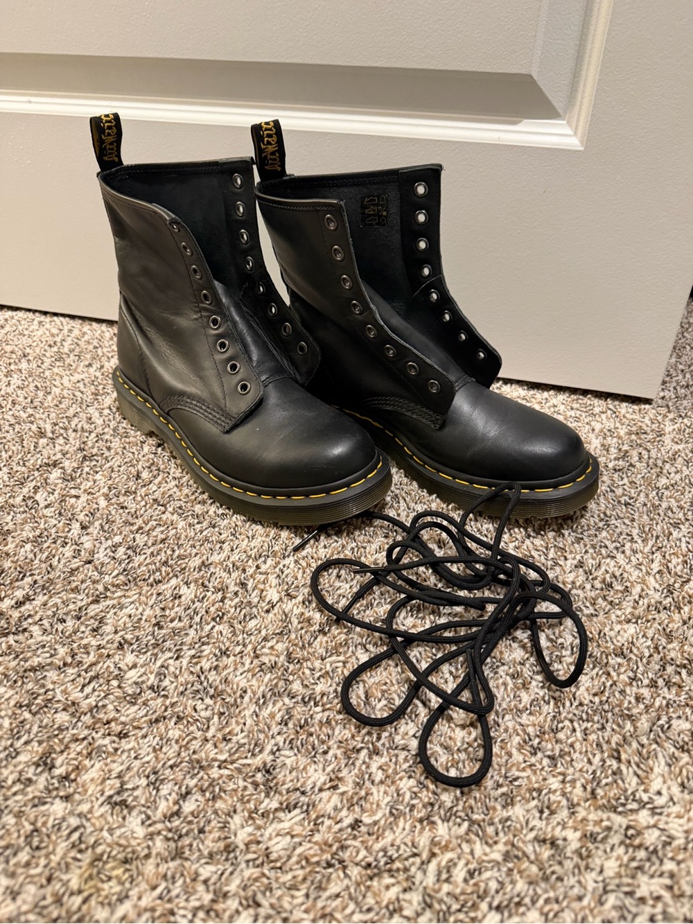 Dr. Martens Black Leather Lace-Up Boots with Yellow Welt Stitching